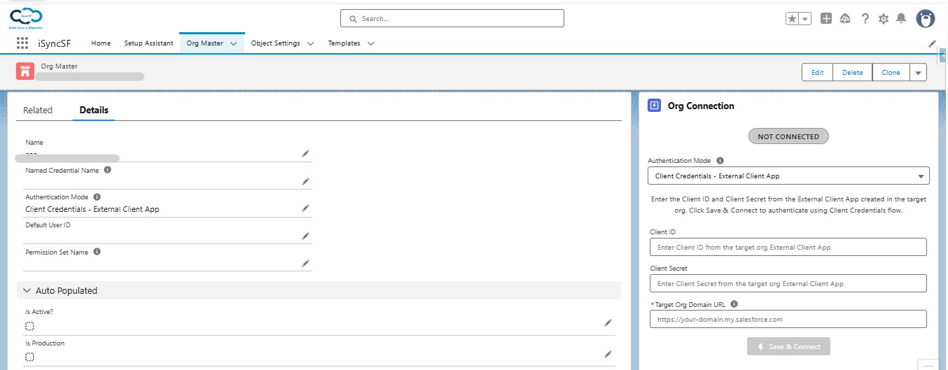 iSyncSF Org Connection panel showing connected Salesforce target orgs with OAuth status